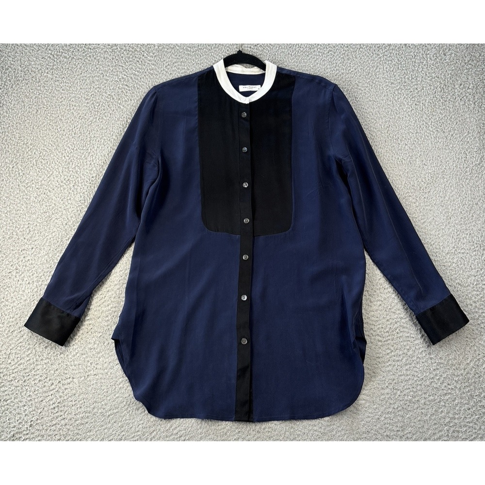 Equipment Femme Silk Blouse XS Navy Tuxedo Style Tunic Minimalist Luxury